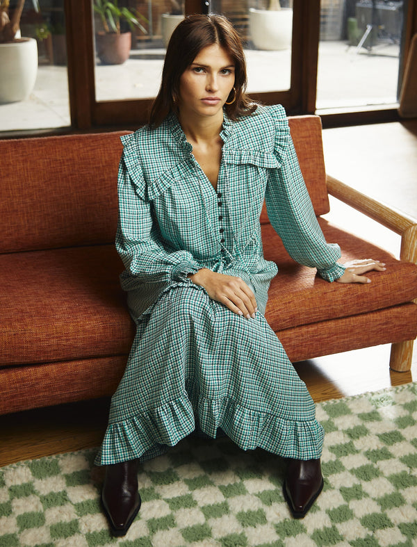 Loretta Maxi Dress - Ecru Green Houndstooth Print