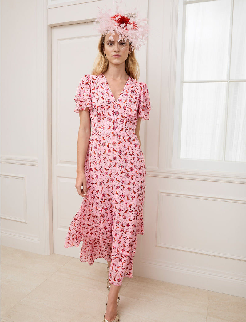 Lotta Gold Metallic Fil Coupé Maxi Dress - Pink Floral Trellis Print