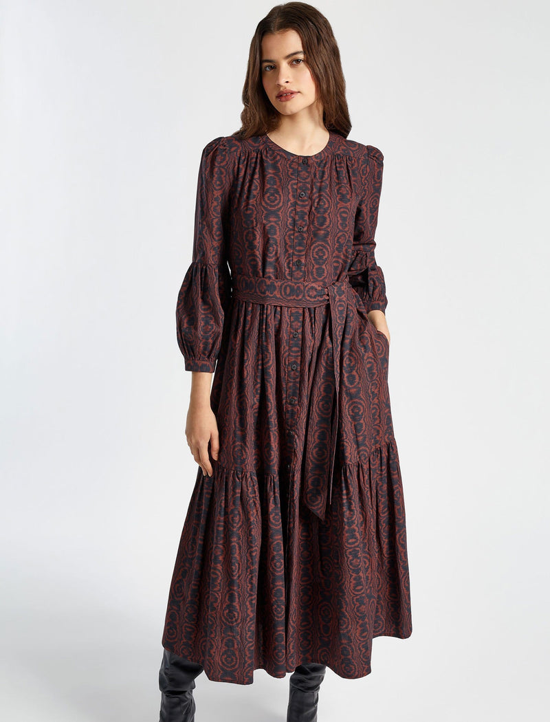 Alice Cotton Gathered Blouson Sleeve Maxi Shirt Dress - Rust Moire Print