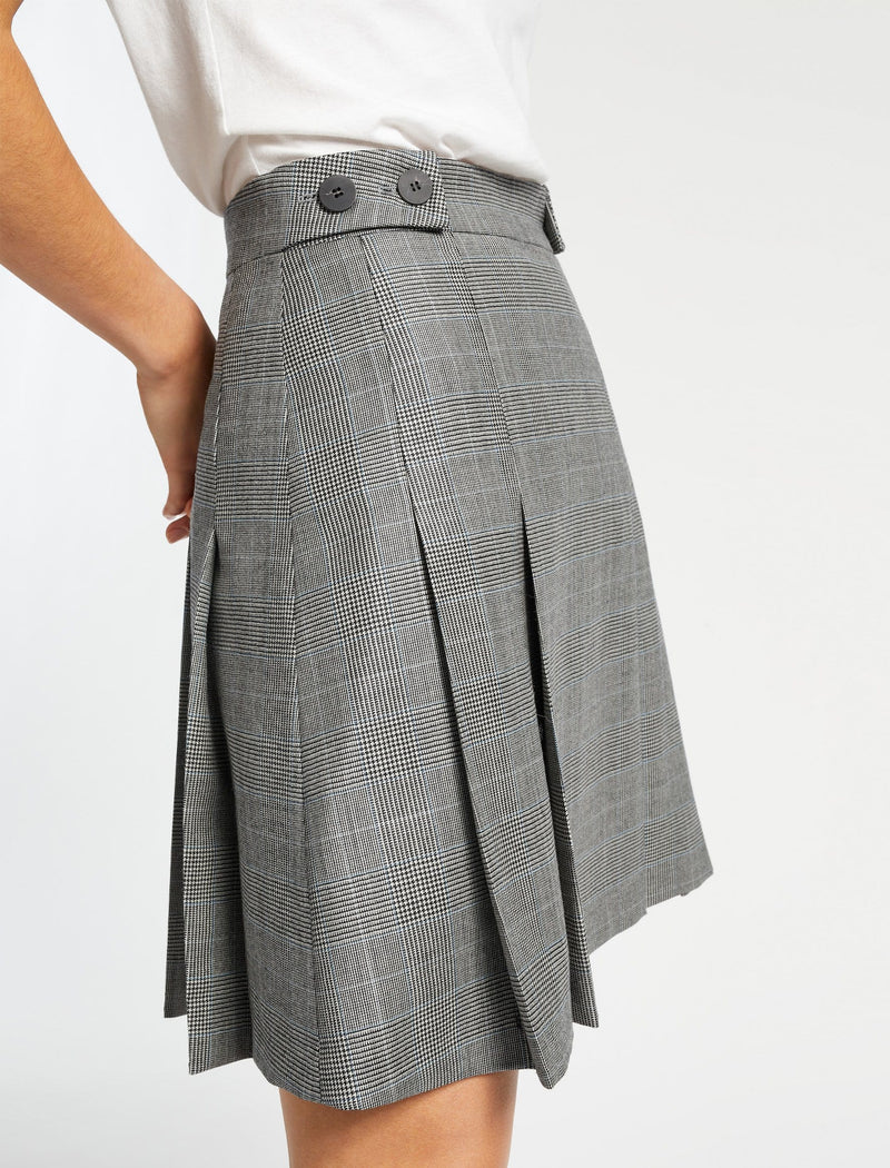 Celina Pleated Pure Wool Short Skirt  - Grey Check