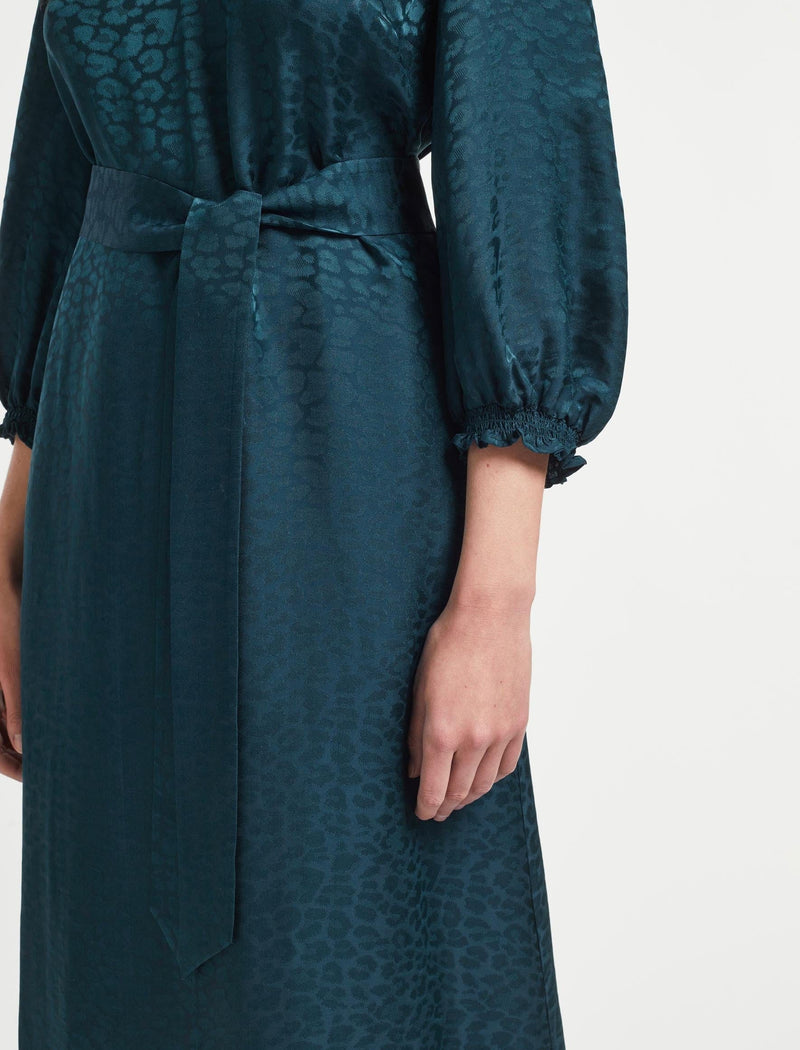 Rosamund Silk Blend Maxi Dress - Petrol Blue Leopard Pansy Print