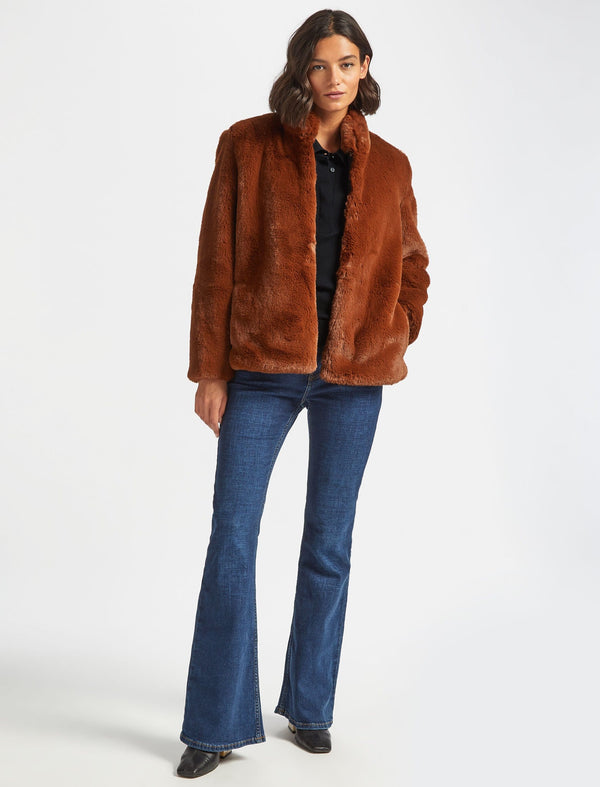 Carly Cropped Faux Fur Coat - Chestnut Brown