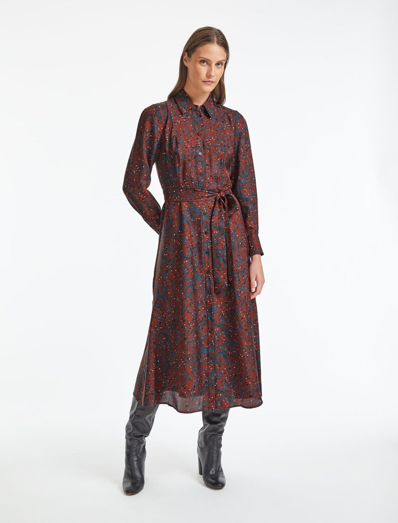 Millie Collared Long Sleeve Maxi Shirt Dress - Rust Marble Print