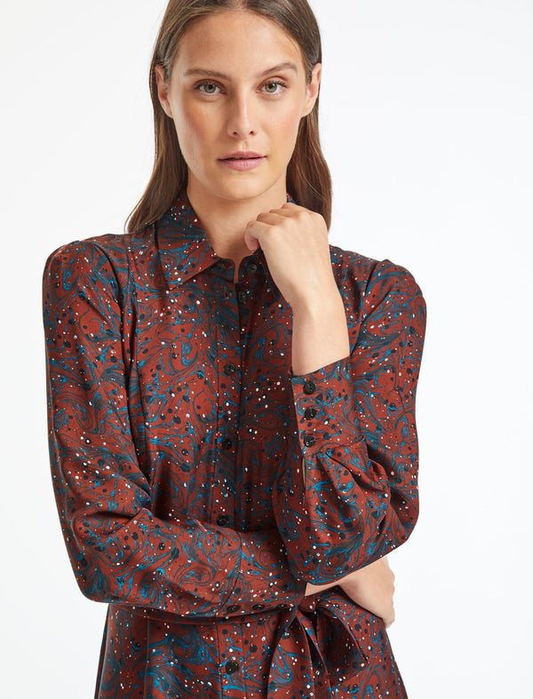 Millie Collared Long Sleeve Maxi Shirt Dress - Rust Marble Print