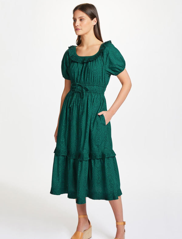 Harper Organic Cotton Midi Dress - Green Moire Print
