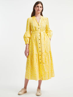 Alice Organic Cotton Maxi Shirt Dress - Yellow Moire Print