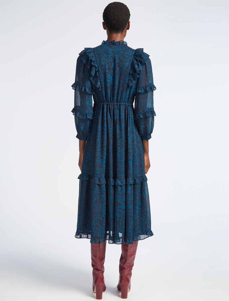 Tilly Drawstring Maxi Dress - Blue Marble Print