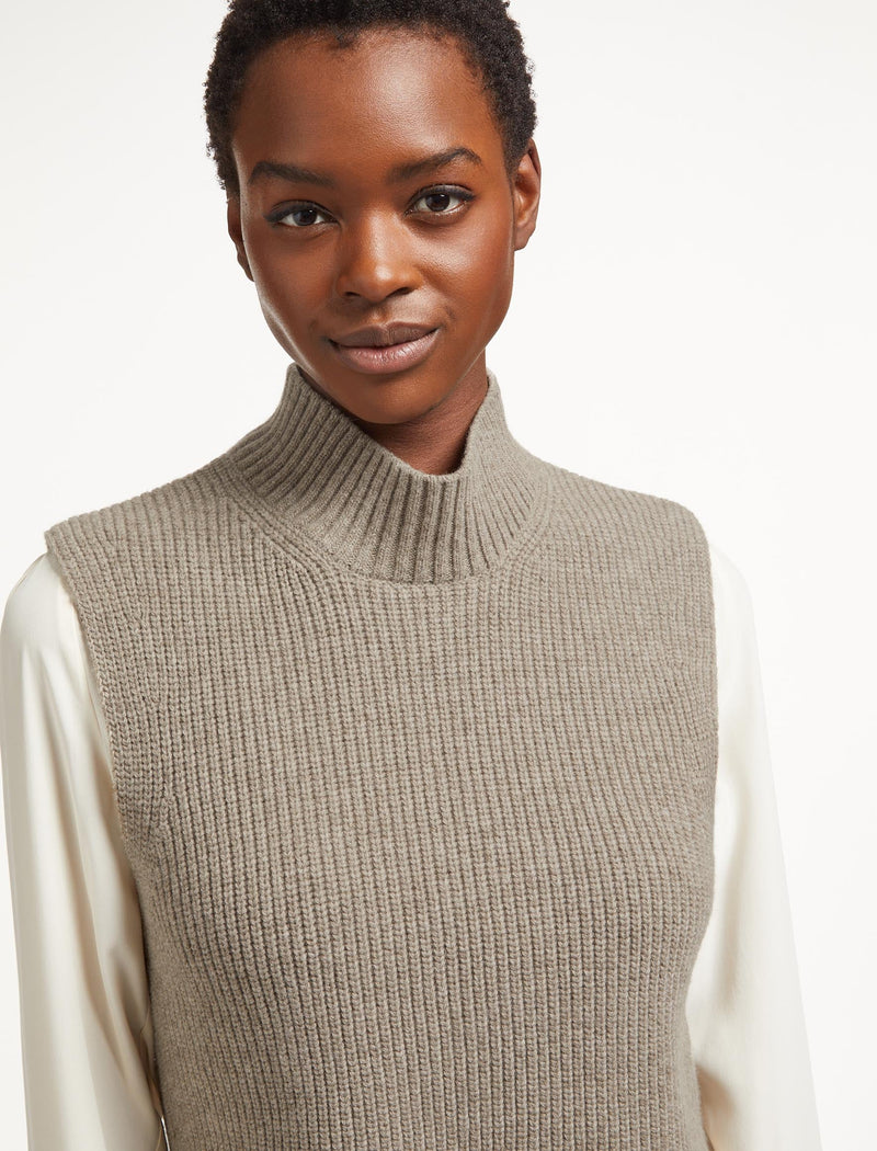 Janie Sleeveless Funnel Neck Jumper - Taupe