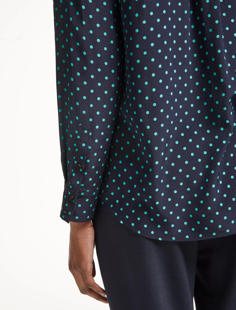 Skyla Silk Shirt - Navy Turquoise Polka Dot