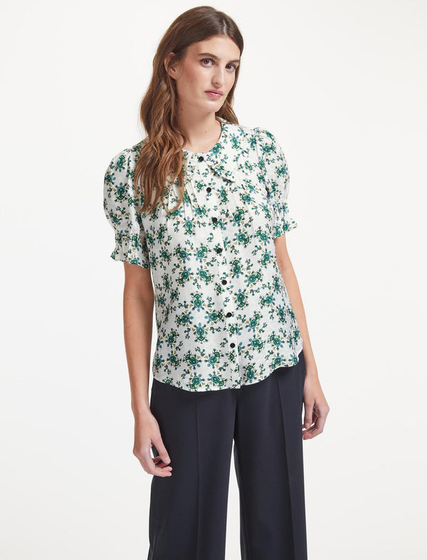 Kitty Silk Blend Shirt - Green Graphic Floral Print