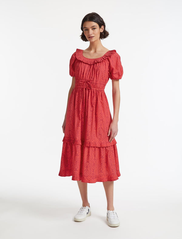 Harper Organic Cotton Midi Dress - Red Moire Print