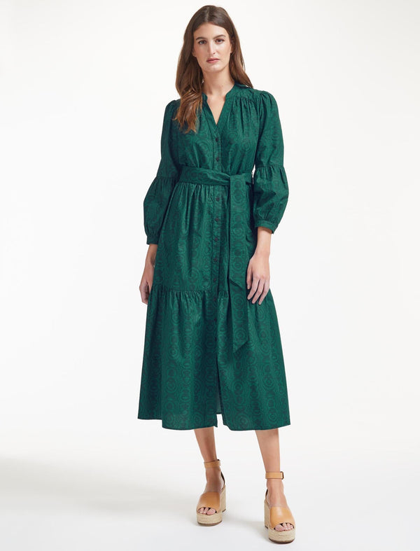 Alice Organic Cotton Maxi Shirt Dress - Green Moire Print
