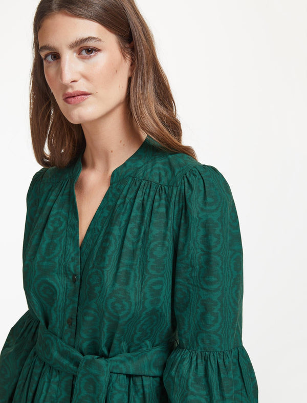 Alice Organic Cotton Maxi Shirt Dress - Green Moire Print