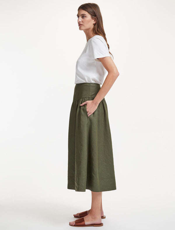 Lyla Techni Linen Midi Skirt - Khaki