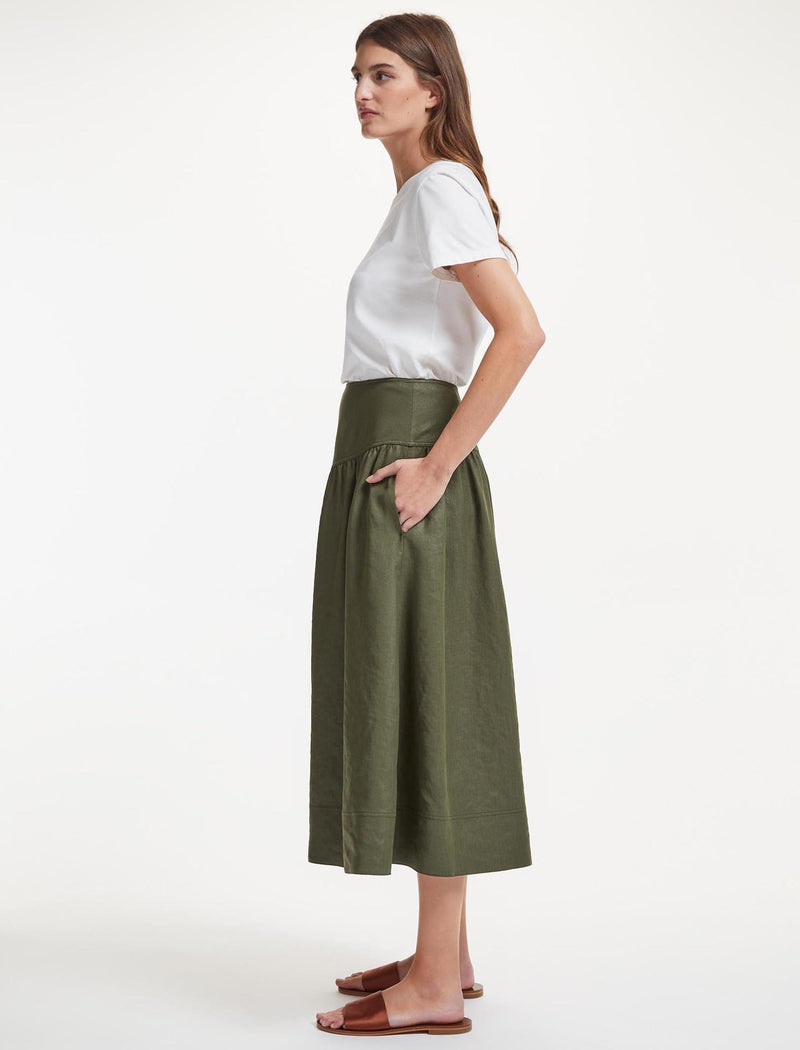 Lyla Techni Linen Midi Skirt - Khaki