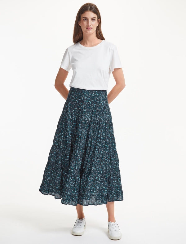 Sawyer Cotton Maxi Skirt - Blue Trailing Floral Print