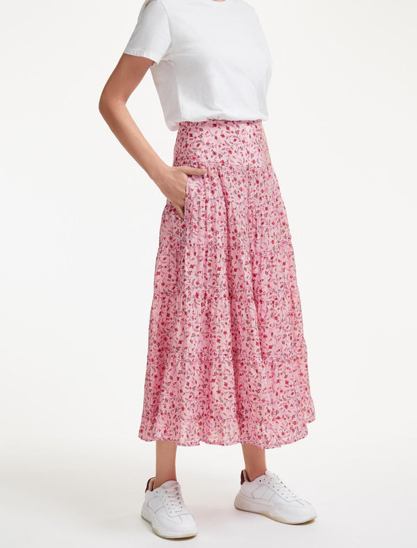 Sawyer Cotton Maxi Skirt - Pink Trailing Floral Print