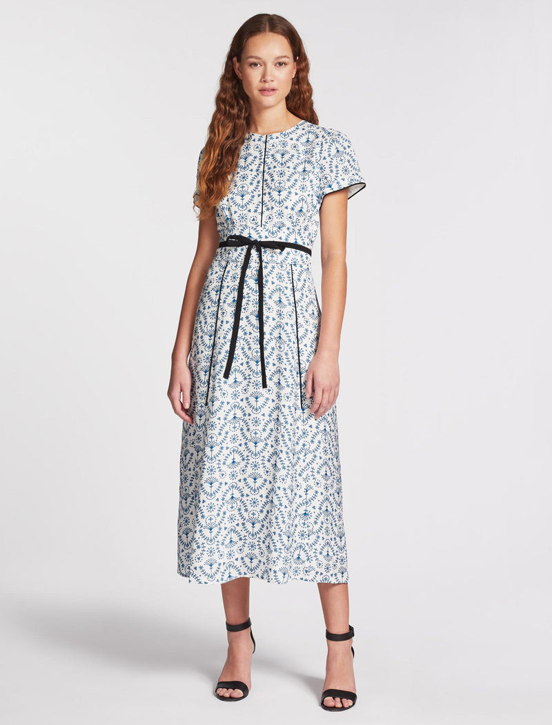 Rosie Silk Blend Maxi Dress - White Blue Broderie Anglaise Print
