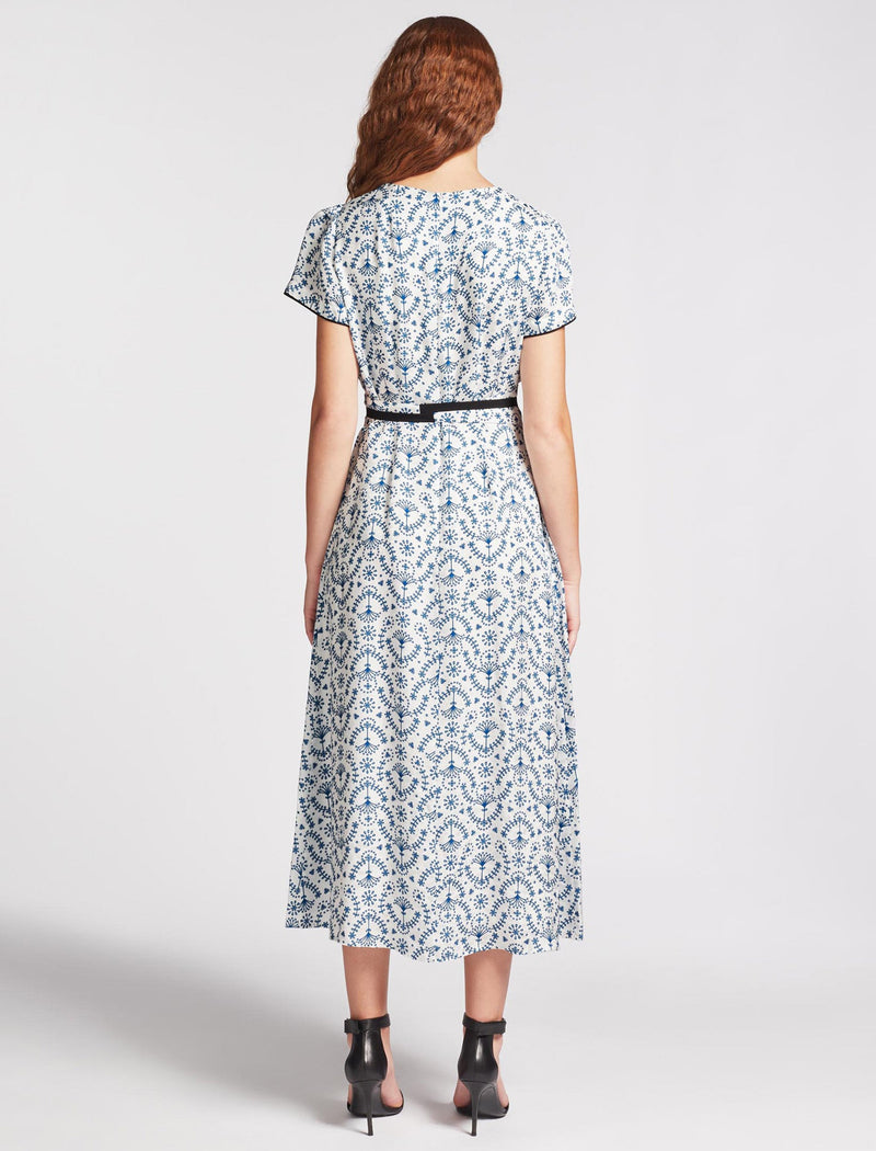 Rosie Silk Blend Maxi Dress - White Blue Broderie Anglaise Print