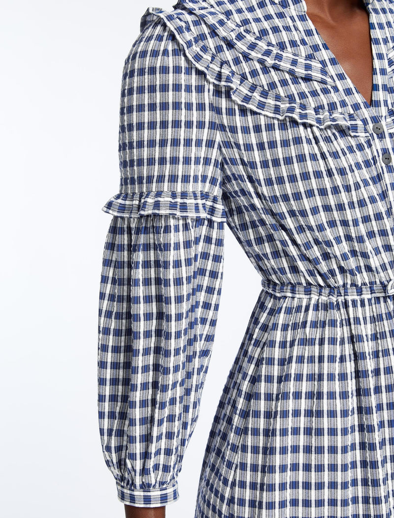 Suki Organic Cotton Seersucker Maxi Dress - Blue White Check