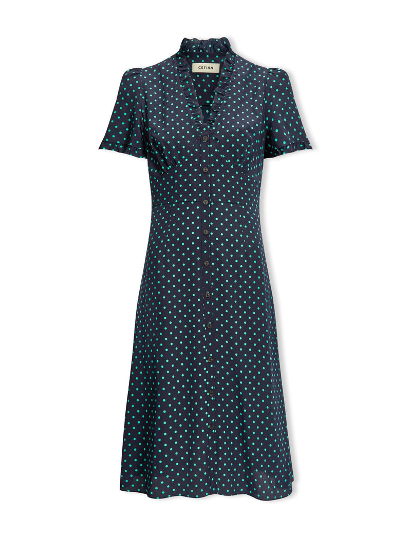 Tabby Silk Dress - Navy Turquoise Polka Dot