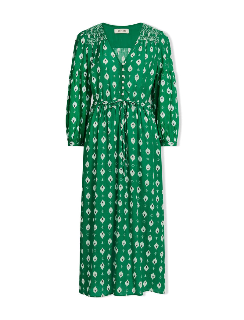 Yula Cotton Maxi Dress  - Green Ikat Print
