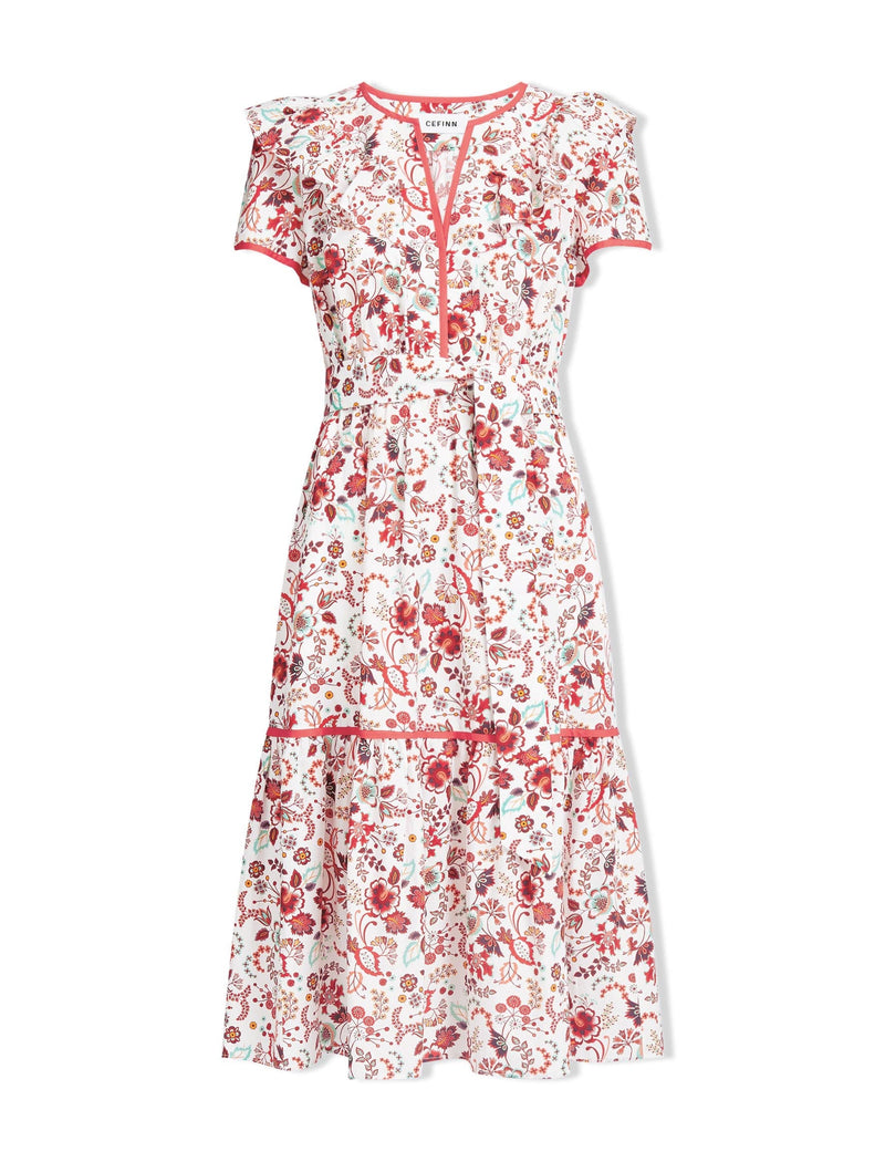 Nessa Organic Cotton Midi Dress - White Red Large Floral Print