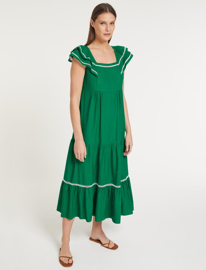 Bella Linen Blend Maxi Dress - Emerald Green White