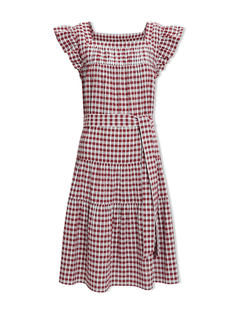 Maisie Organic Cotton Seersucker Midi Dress - Red White Check