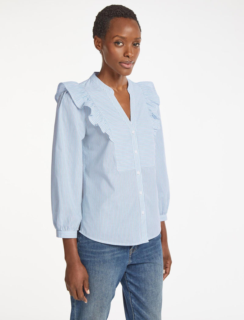 Dixie Organic Cotton V Neck Shirt - Mid Blue White Stripe