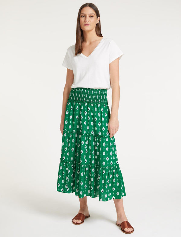 Kira Cotton Maxi Skirt - Green Ikat Print