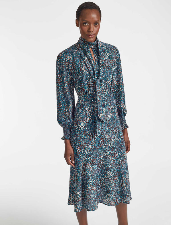 Dakota Silk Midi Dress - Beige Blue Leopard Pansy Print