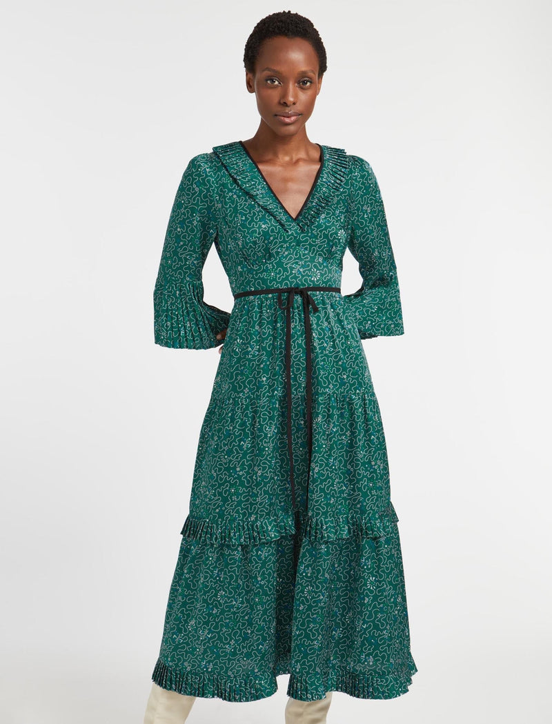 Cordelia V Neck Maxi Dress - Green White Wiggle Print