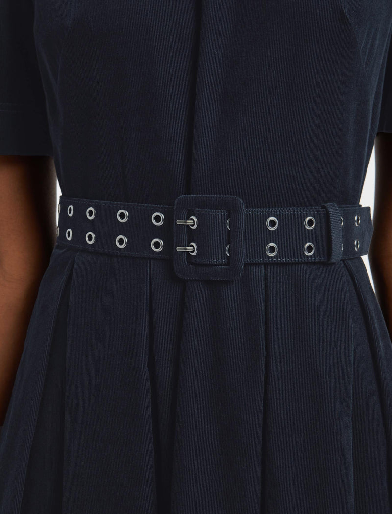 Felicity Pin Corduroy Midi Dress with Belt - Navy
